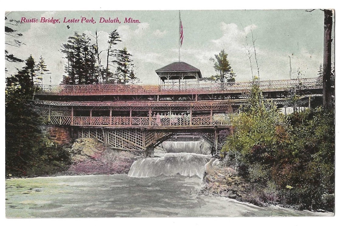 Duluth Minnesota c1910 Lester Park Rustic Bridge, waterfall, Roadside America