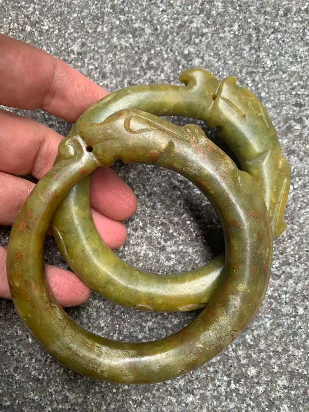 2Pcs Wonderful Large Chinese Old Jade Hand Carved *Dragon* Bangle Bracelets