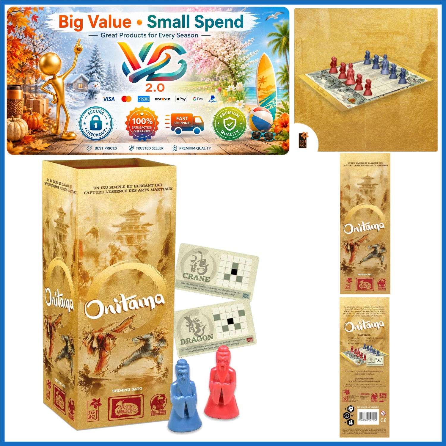 Onitama Two Player Strategy Board Game with Modular Cards & 5x5 Board
