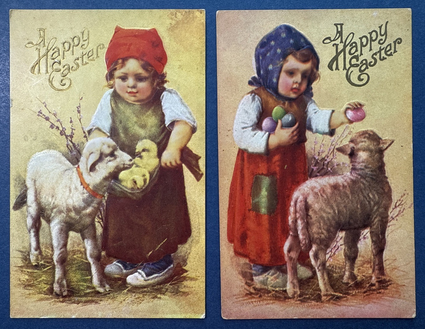 SET 2 Children, Sheep, Chicks Easter Antique Postcards. EMB. Girls. Eggs.