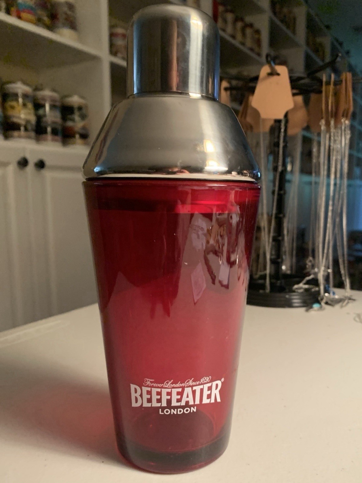 Vintage Beefeater Ruby Glass Cocktail Shaker With Chrome Center Pour Lid