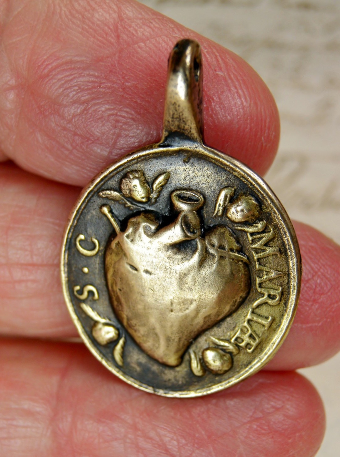 ANTIQUE 18TH CENTURY MARYS IMMACULATE HEART GUADALUPE MEXICO SHRINE BRONZE MEDAL