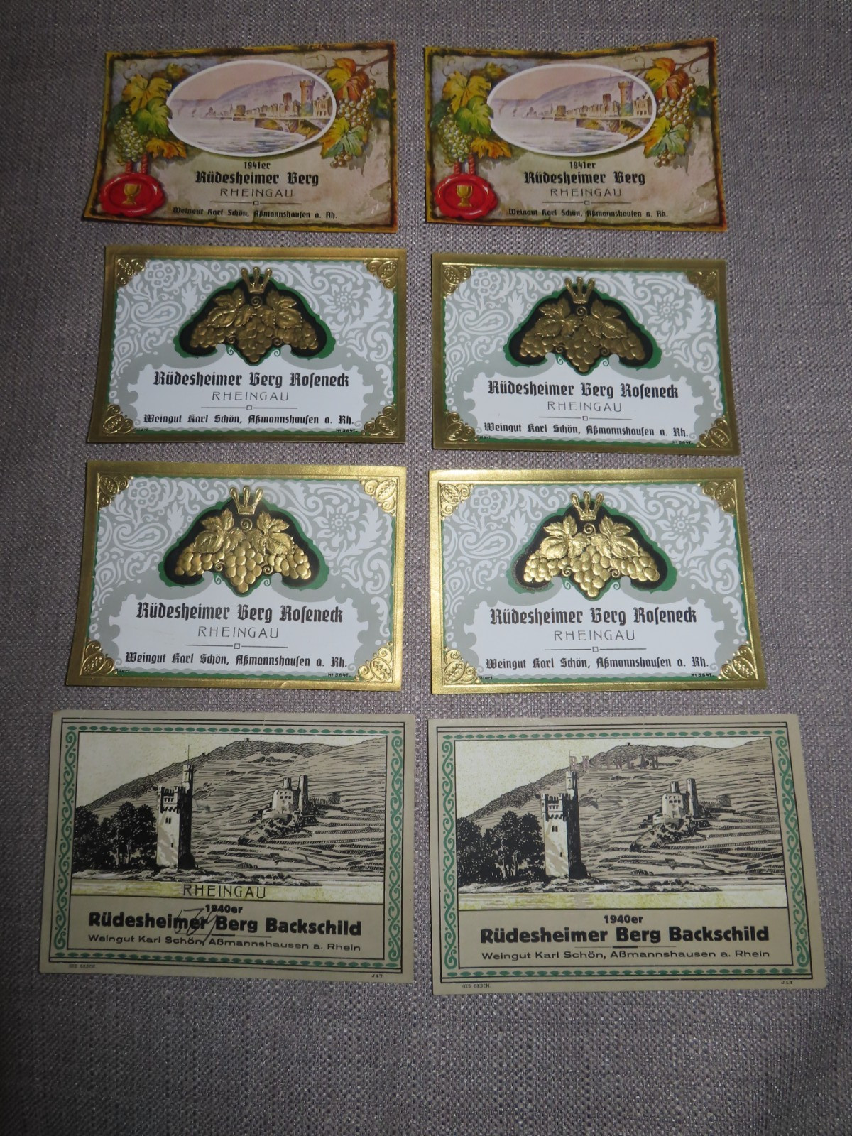 Vintage New Lot of 8 Wine Labels Rudesheimer Berg 1940s Rheingau Region Germany Vintage New Lot of 8 Wine Labels Rudesheimer Berg 1940s Rheingau Region Germany