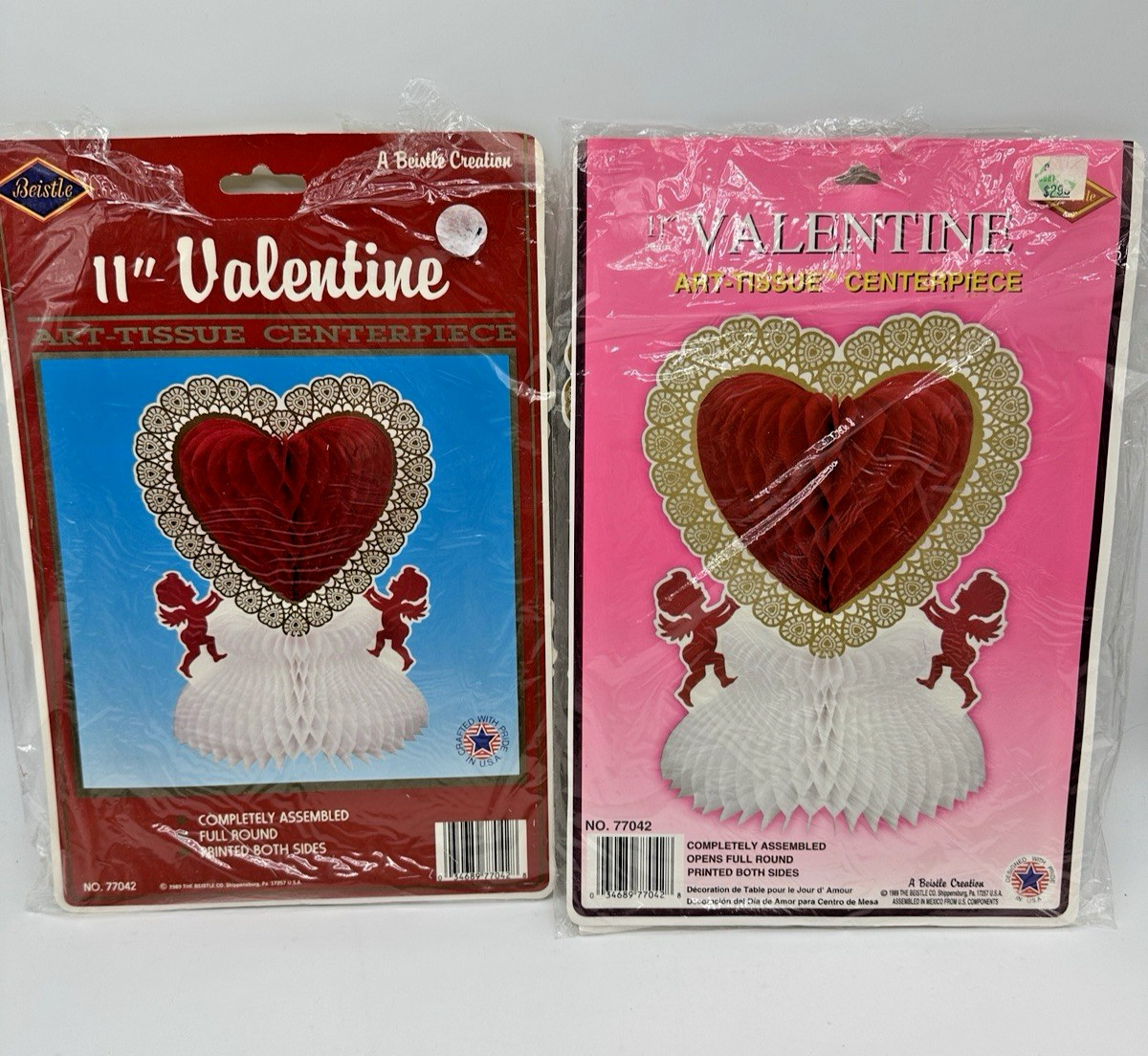 2 Valentines Day Art Tissue Centerpieces Honeycomb Vintage 1989 Heart Cupid