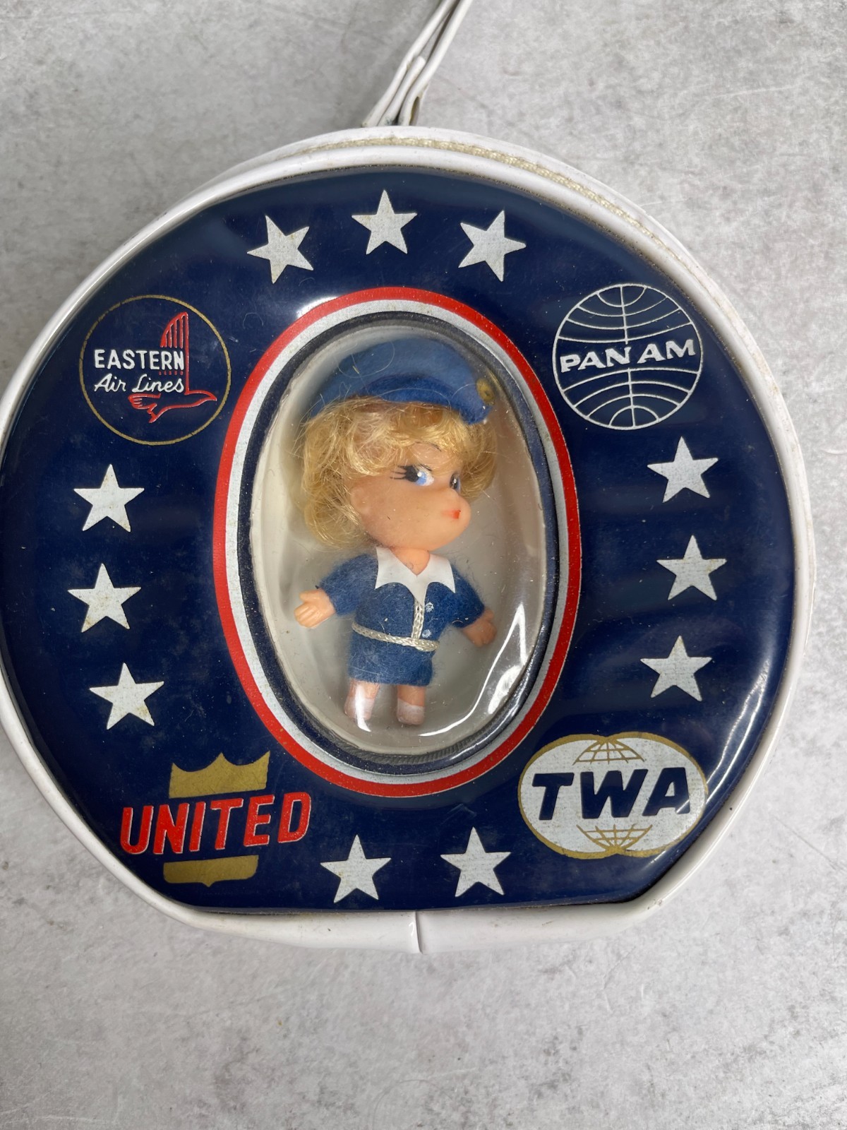 VTG 60s Liddle Kiddie Klone Doll TWA PanAm Eastern United Blue Dress in bubble