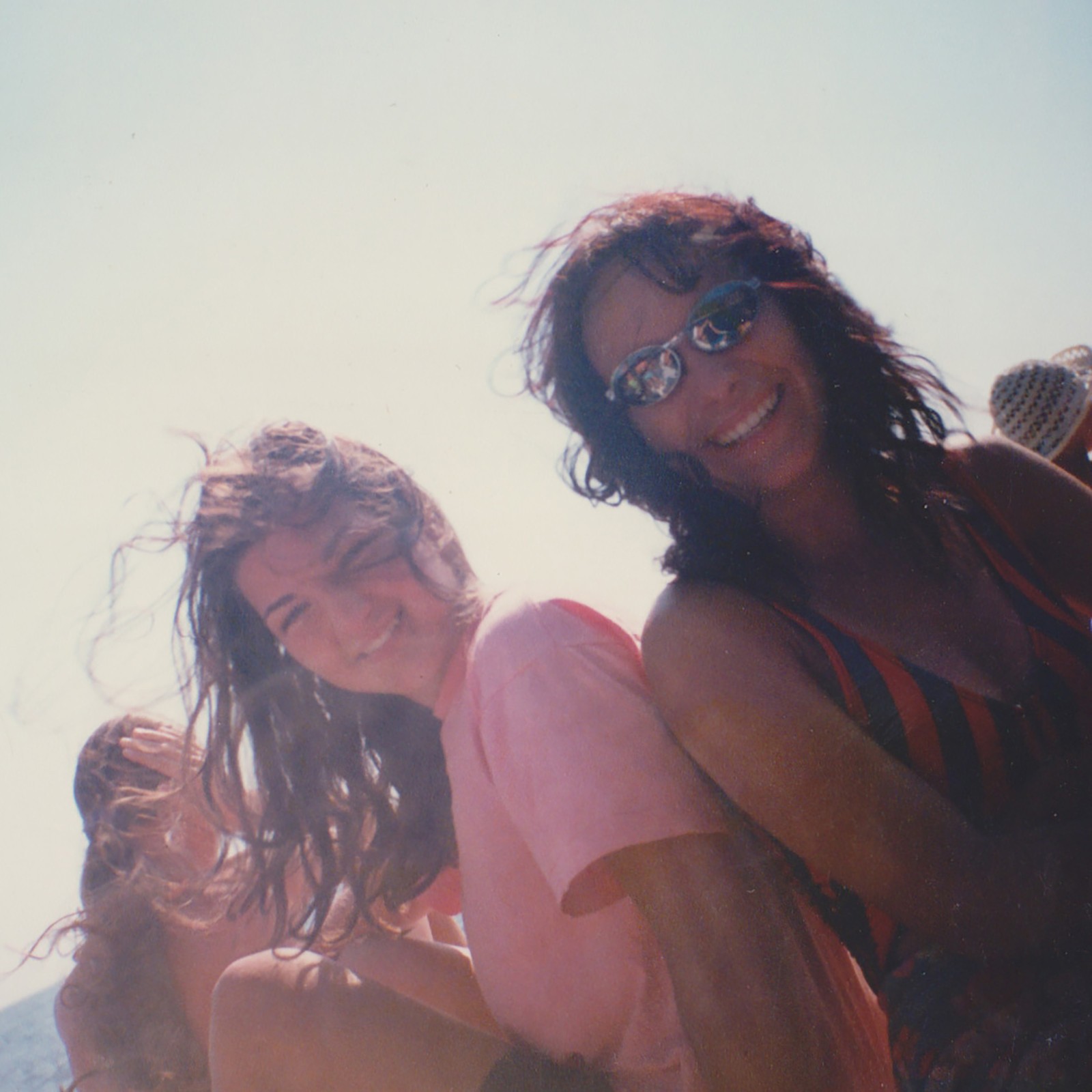 Two Smiling Young Women In Windy Summer Beach Portrait Scene Mood Vintage Photo