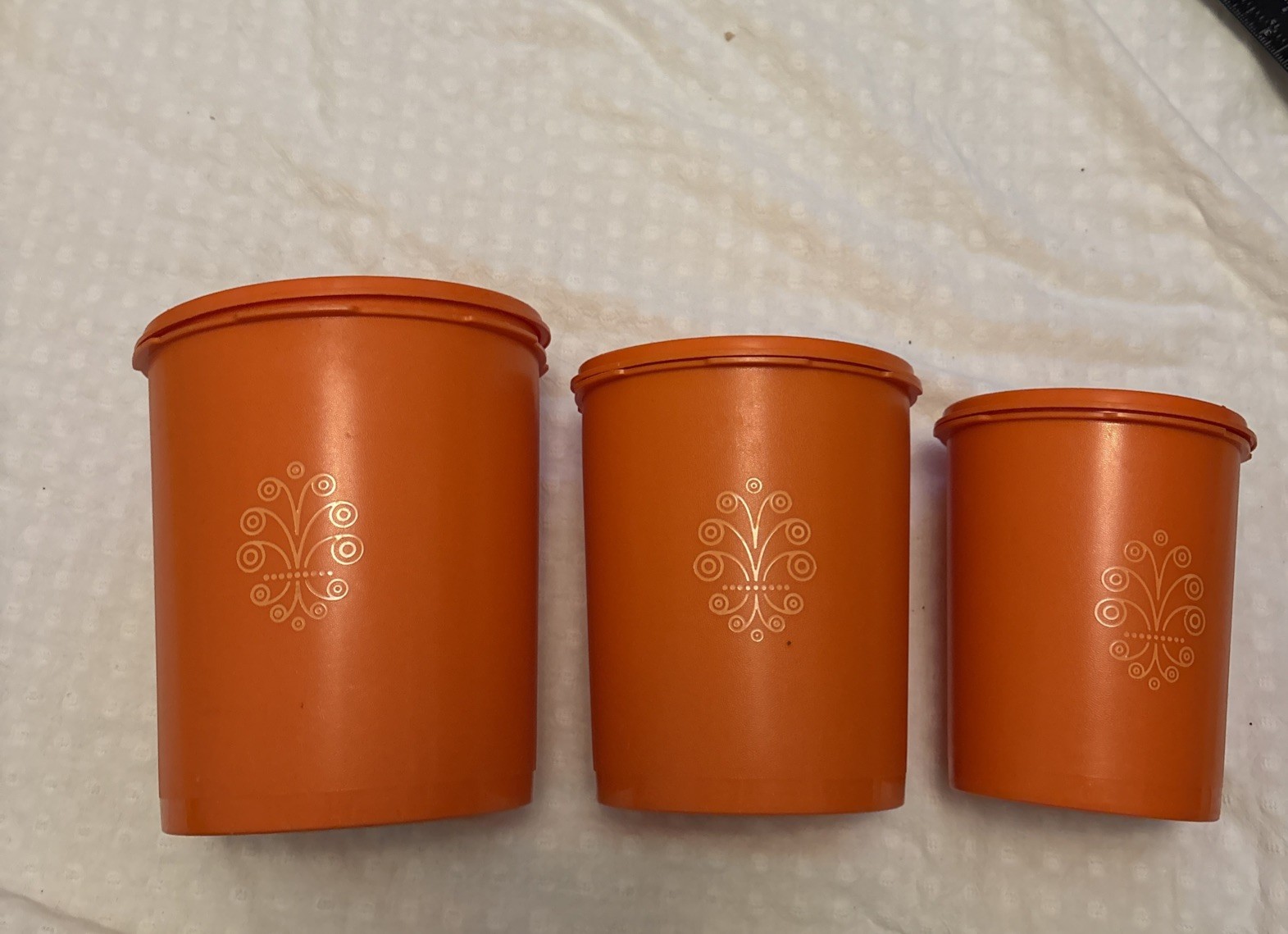 Vintage 3 Tupperware Servalier Canisters Sunburst Lids Orange Made In USA