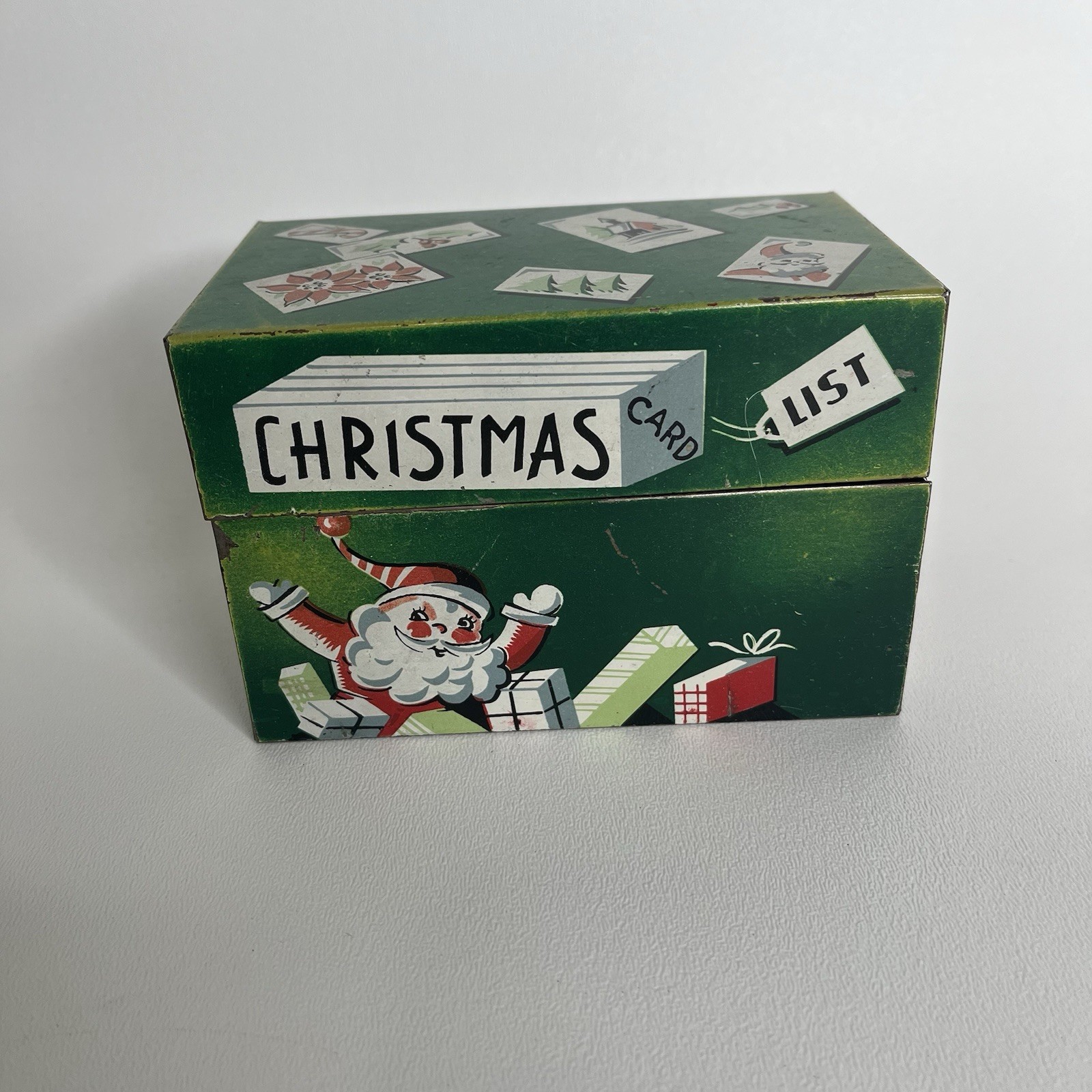 Vintage Mayfair Christmas Card List Recipe File Box Tin Litho Metal Santa