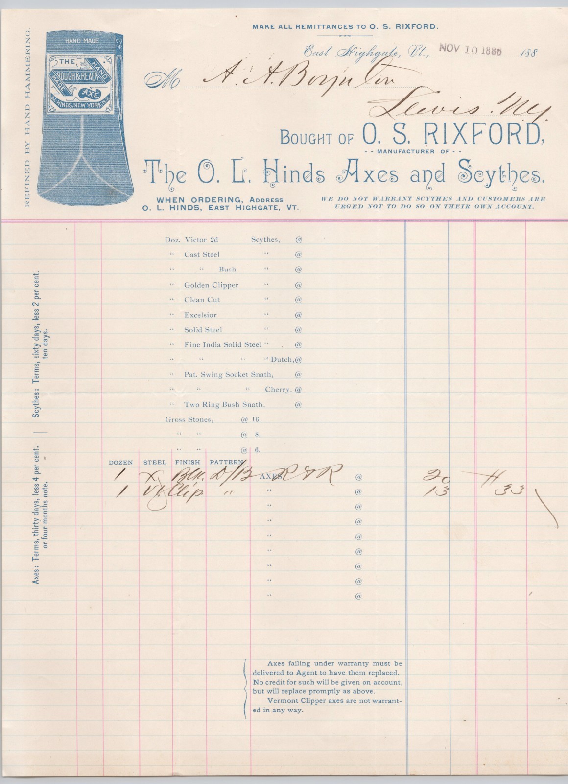 1886 O.S. Rixford Axe Scythe Manufacturer East Highgate VT Billhead BH1-88 1886 O.S. Rixford Axe Scythe Manufacturer East Highgate VT Billhead BH1-88
