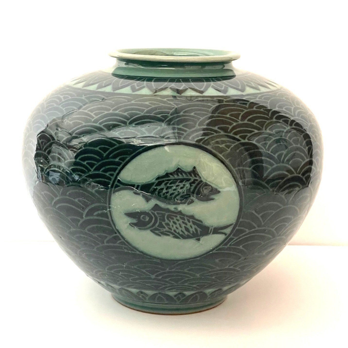 Korean Celadon Ceramic Moon Jar Vase with Koi Fish Inspired by Goryeo Dynasty Korean Celadon Ceramic Moon Jar Vase with Koi Fish Inspired by Goryeo Dynasty