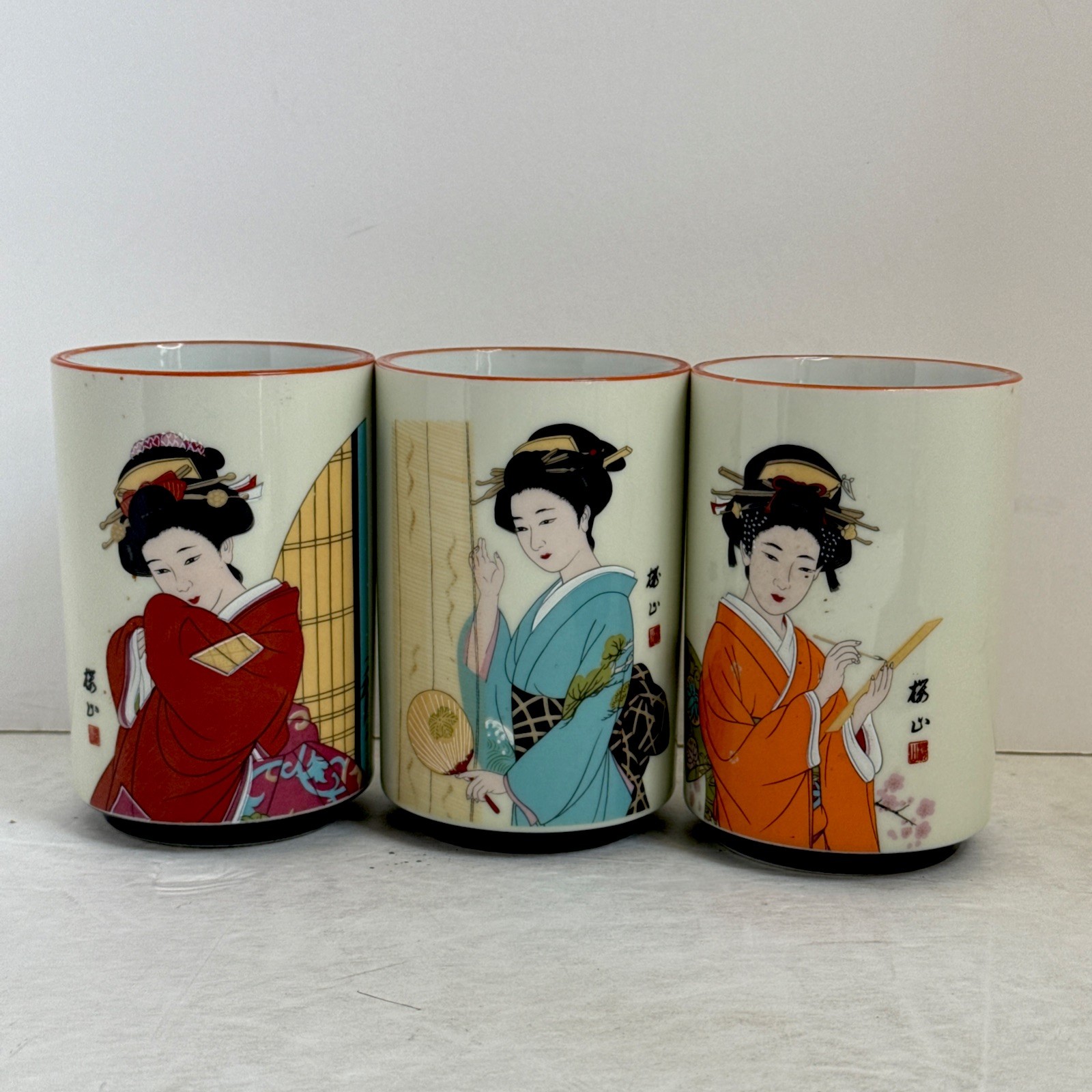 Vintage Japanese Porcelain Geisha Tea Cups Yunomi Mug Set of 3 Kimono 4.5\