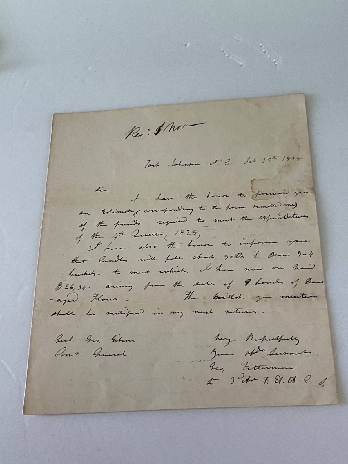 NORTH CAROLINA US ARMY FORT JOHNSON LETTER RE BAD RATIONS 3rd ARTILLERY 1828 NORTH CAROLINA US ARMY FORT JOHNSON LETTER RE BAD RATIONS 3rd ARTILLERY 1828