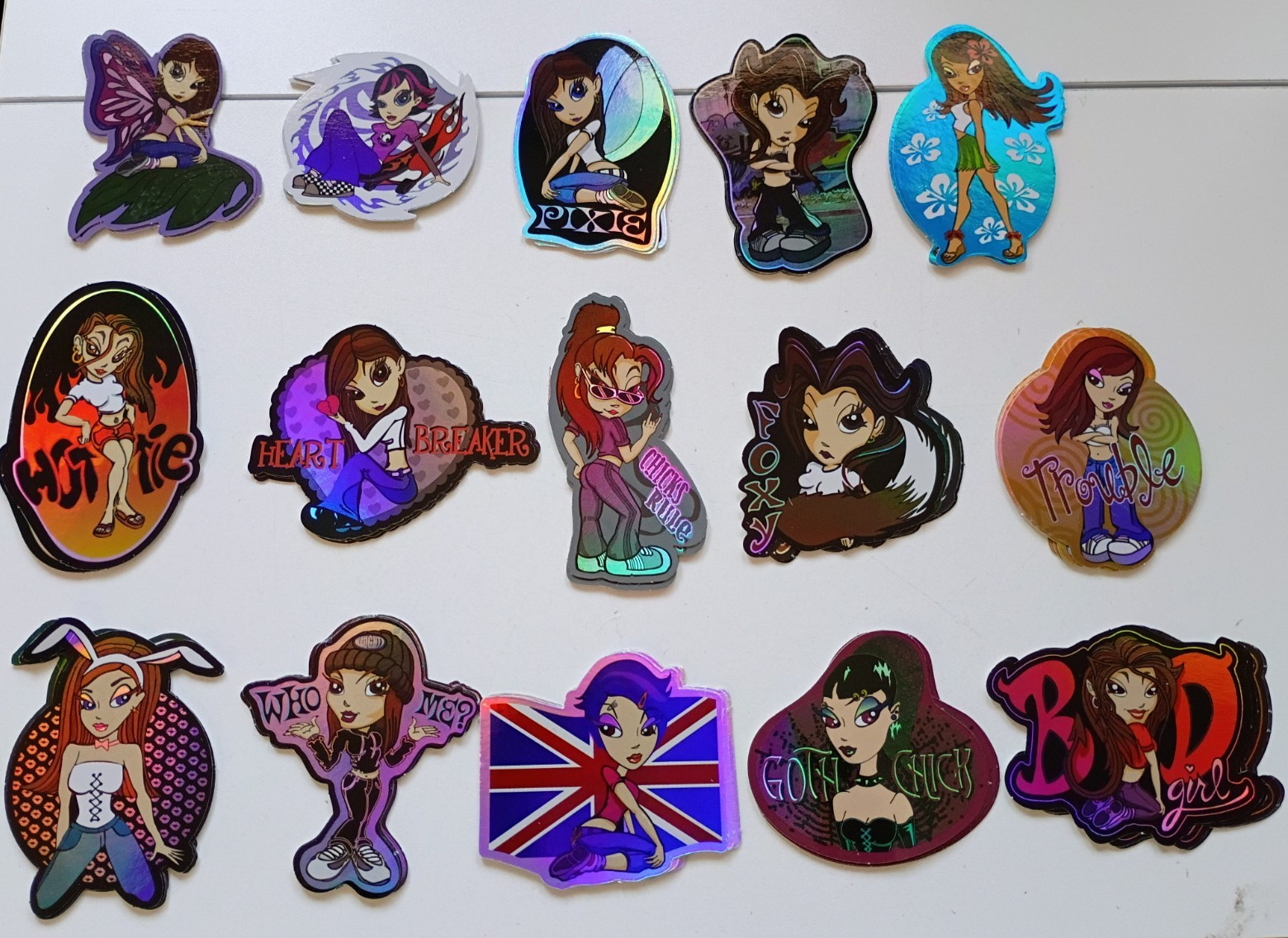 15 Holographic Glitter Y2K Girl Stickers FOXY Bad Girl Hula Hottie Pixie Angel