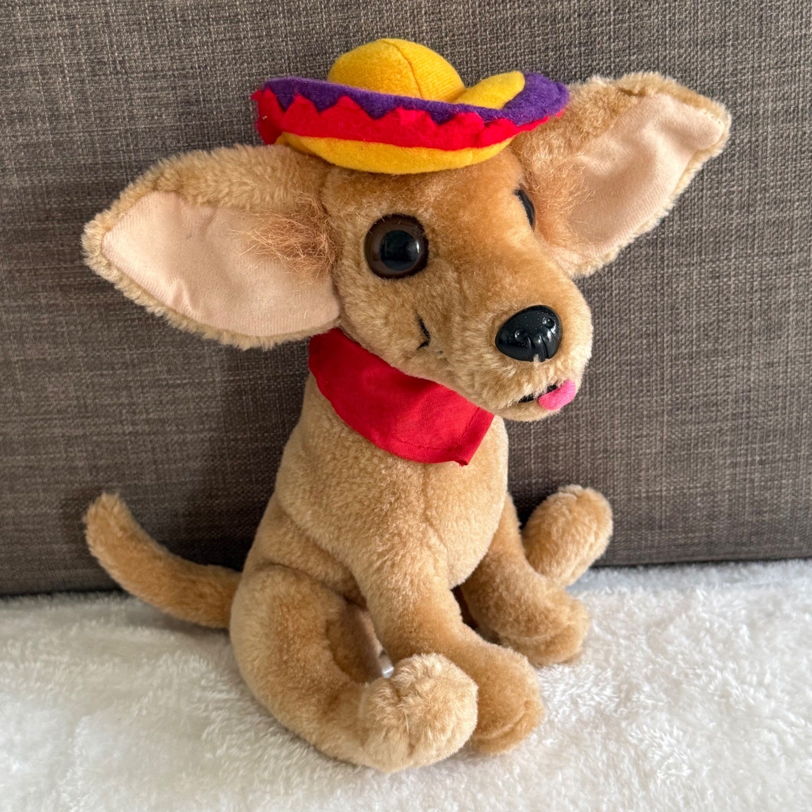 Vintage Nanco Chihuahua Plush Dog Sombrero 1998 Tan Stuffed Animal Toy 9 inch.
