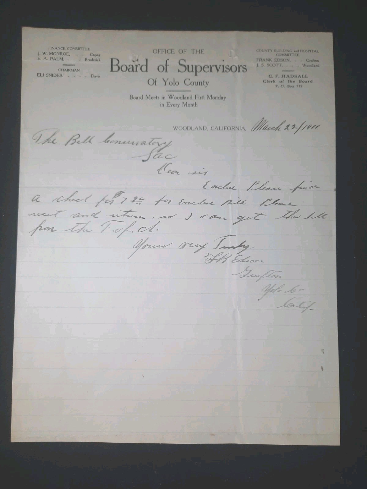 1911 Yolo County California Board of Supervisors Official Letterhead