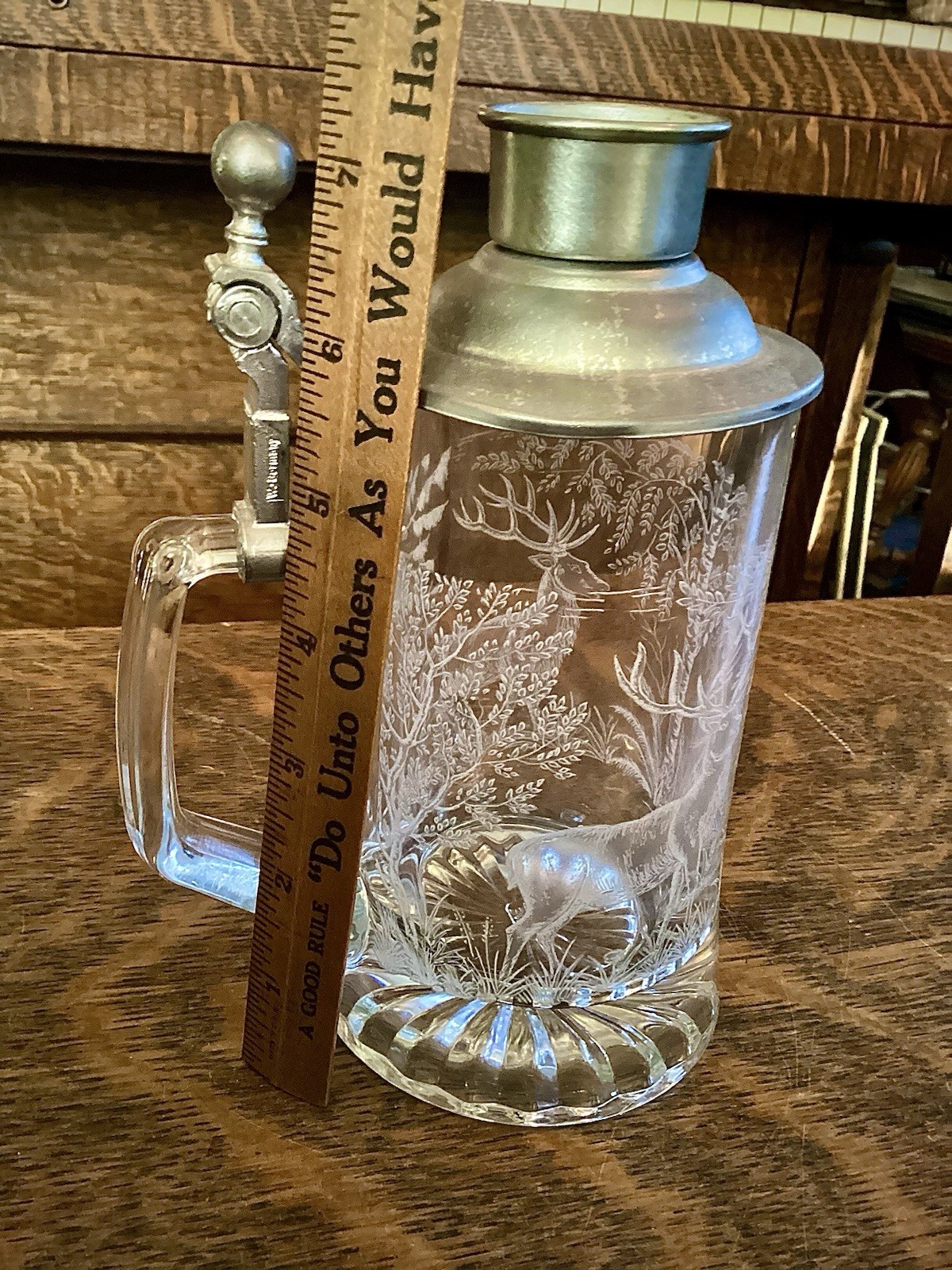 Vintage ALWE West Germany Etched Glass Beer Stein Pewter Lid Stag Deer Forest