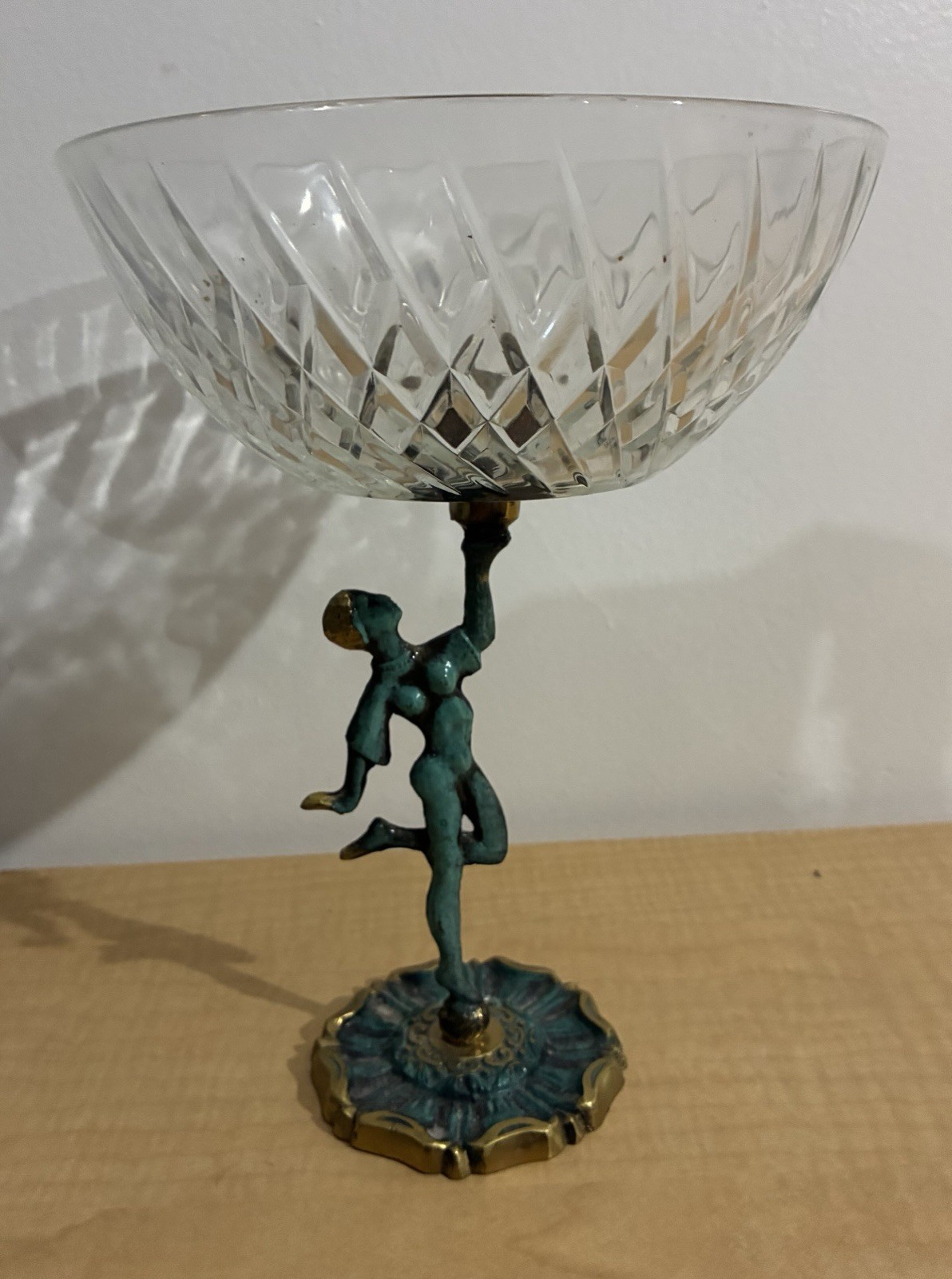 9” Vintage Israel Judaism Brass Metal Dancer Holding Glass Candy Nut Dish Bowl 9” Vintage Israel Judaism Brass Metal Dancer Holding Glass Candy Nut Dish Bowl