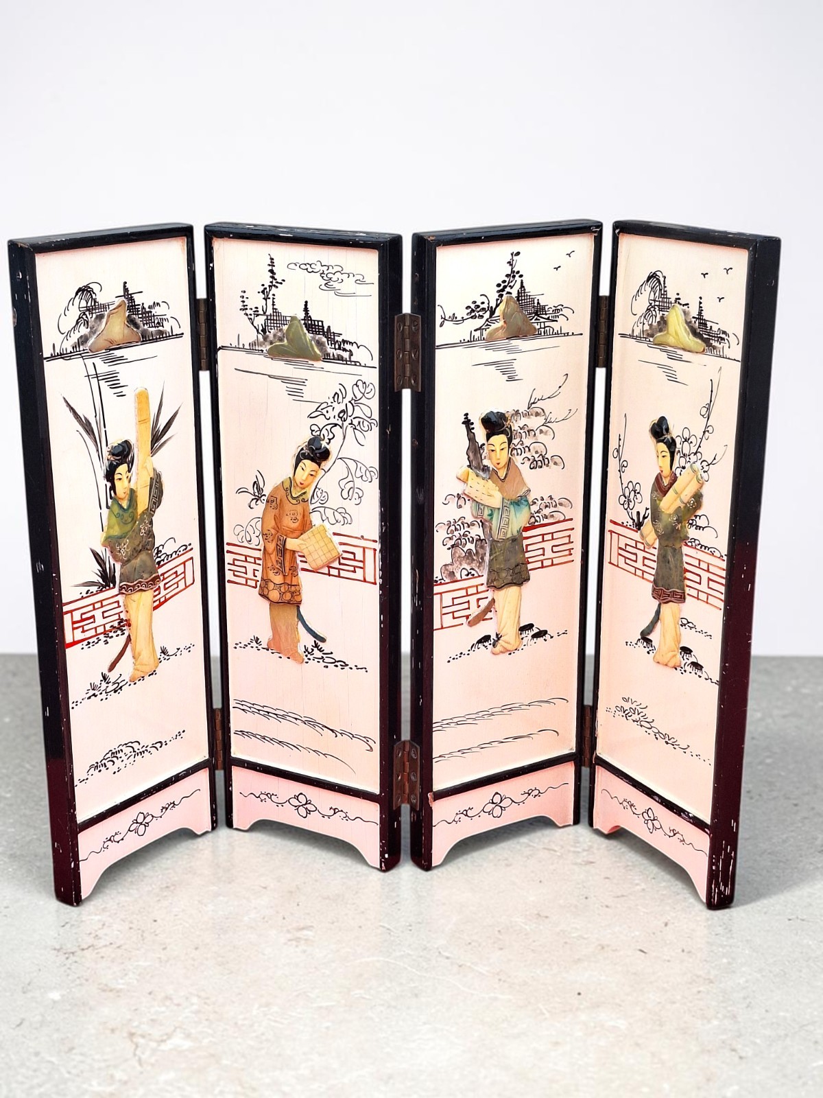 Vtg 4 Panel Black Lacquer Carved Stone Asian Geisha Women Tabletop Screen 14\