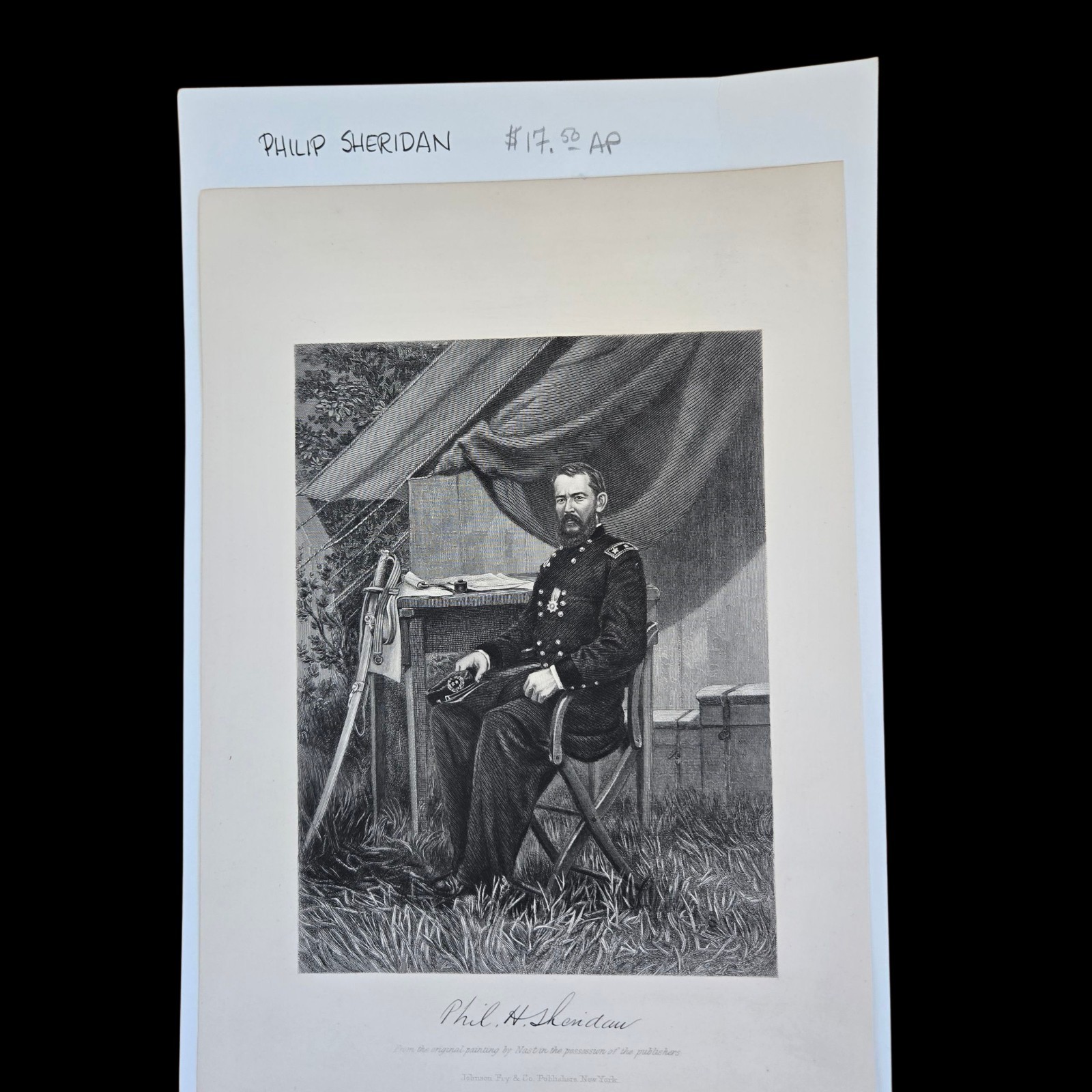 General Philip H Sheridan Antique 1865 Civil War Engraving Artist: Thomas Nast