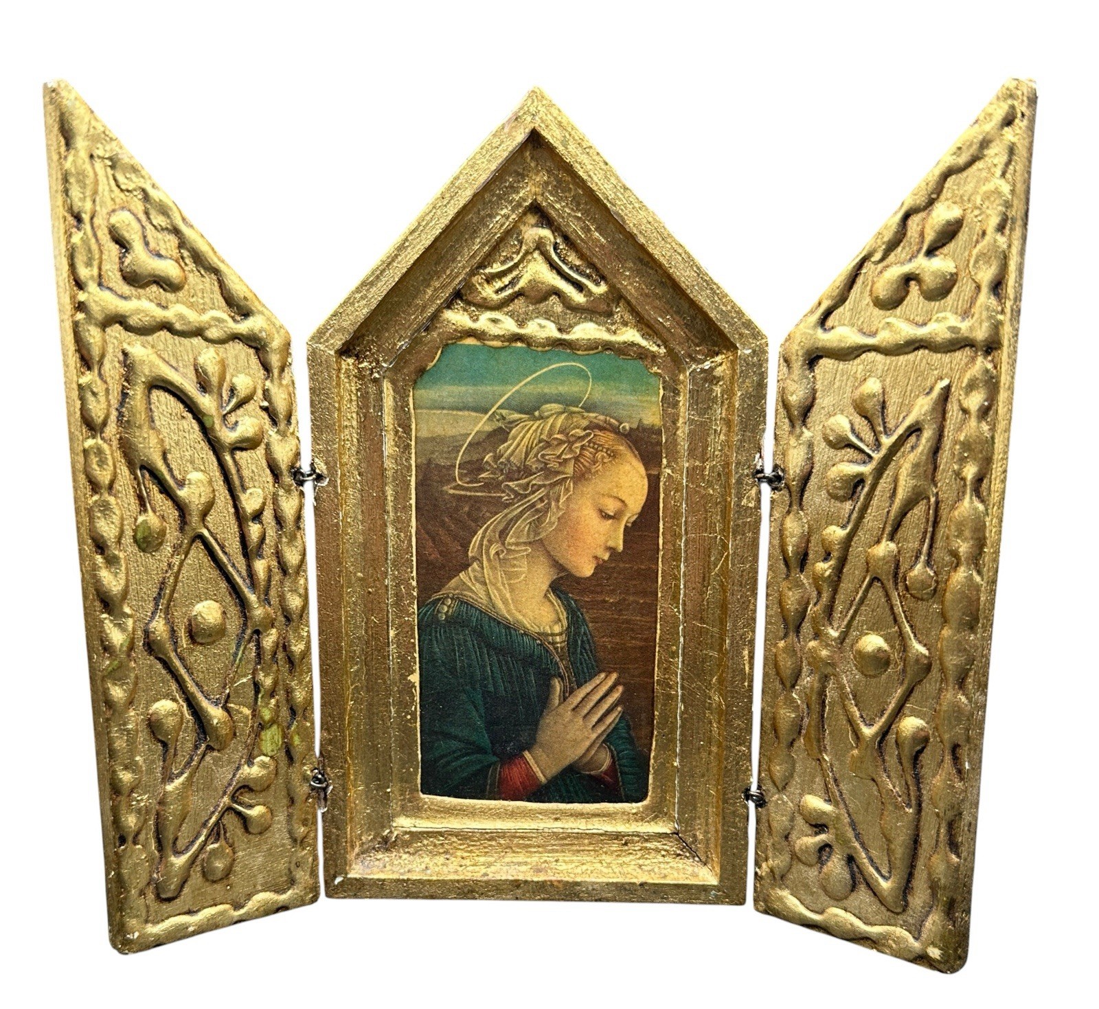 VTG Filippo Lippi Madonna Gold 5.5” Tri Fold Hinged Frame Italy Wall Florentine