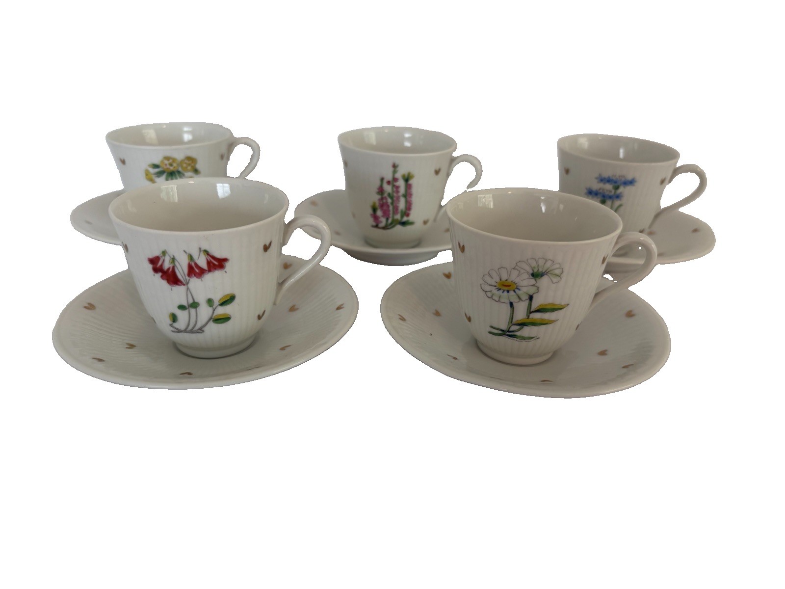 5 Vintage Rorstrand Sweden Floral And Hearts Design Demitasse Cups And Saucers