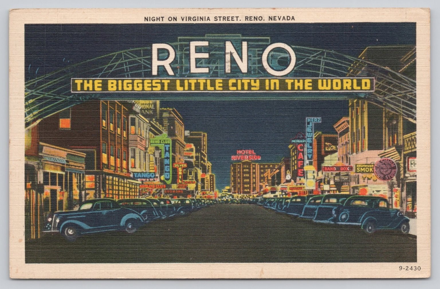 Vintage 1943 Reno Nevada Virginia Street Night Linen Postcard Arch Sign Cars Vintage 1943 Reno Nevada Virginia Street Night Linen Postcard Arch Sign Cars