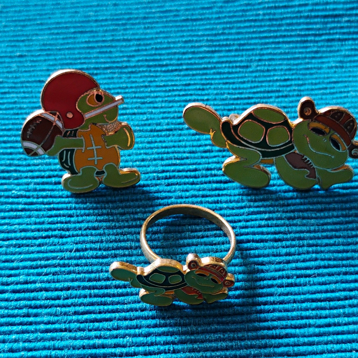 Aviva Football Turtle Enamel Pin Set Lot of 3 with Matching Turtle Ring
