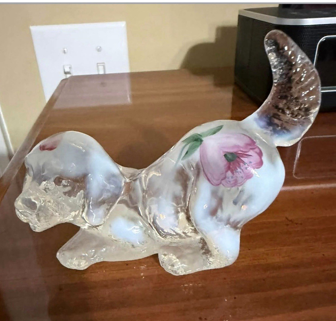 FENTON Hand Painted  Opalescent Playful Puppy~Tail Up~Signed