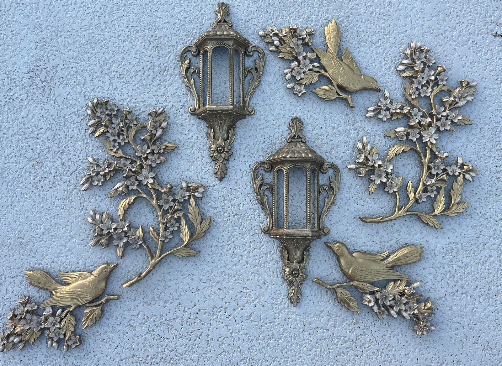 MCM Syroco Wall Decor 7 Piece Vintage Gold Birds Floral Lantern Dart Industries MCM Syroco Wall Decor 7 Piece Vintage Gold Birds Floral Lantern Dart Industries