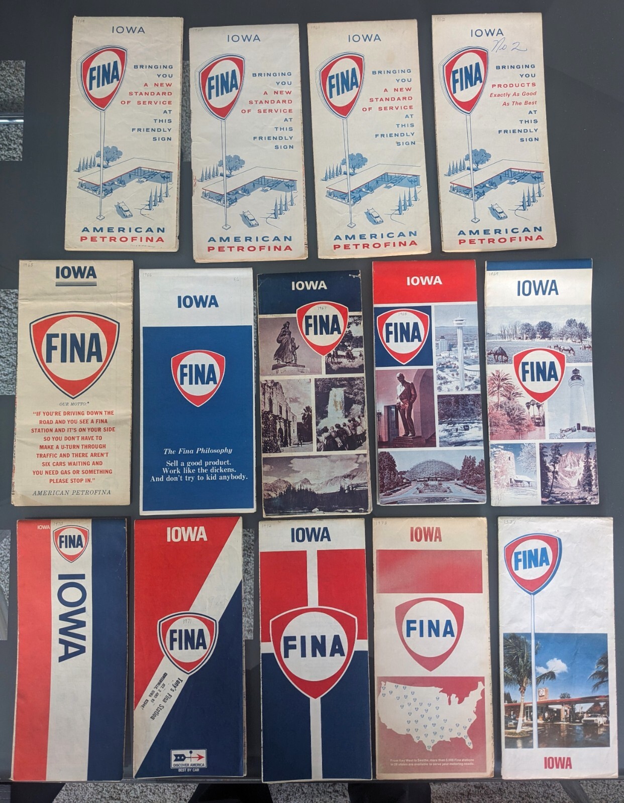 Fourteen Fina America Petrofina Road Maps of Iowa 1959-1977