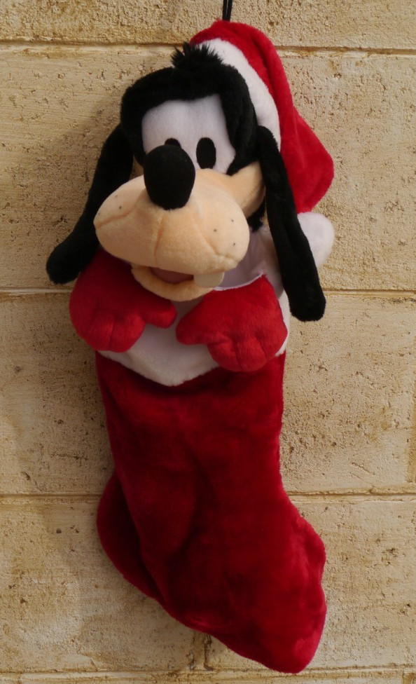Rare DISNEY Goofy Head Plush Christmas Stocking Red Mittens Santa Hat 22\