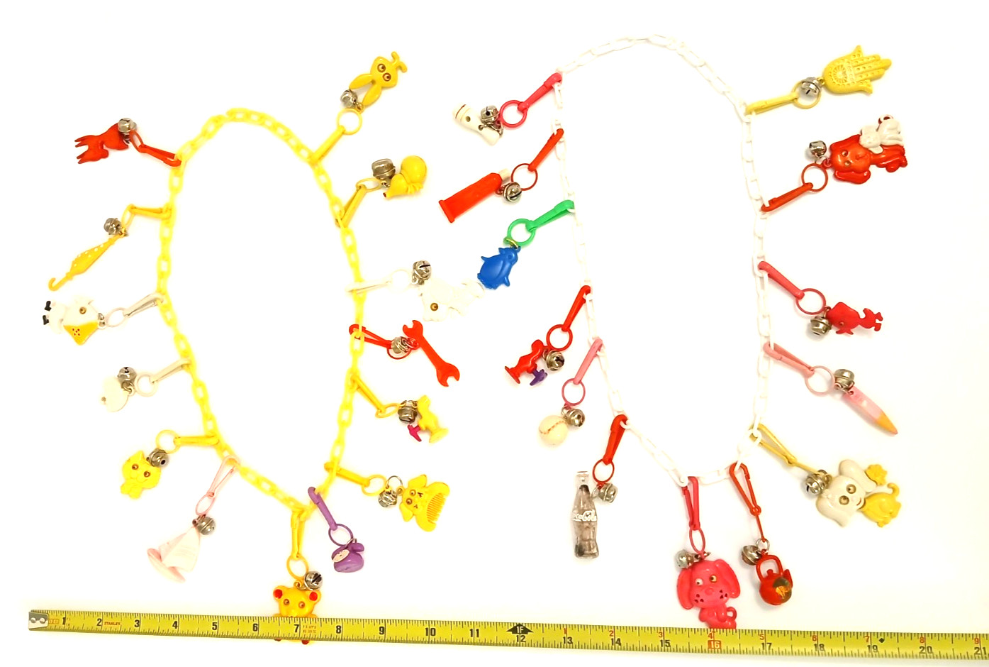 Vintage 80s Bell Charm Necklaces Lot w/ 27 Plastic Clip Charms 2 Chains Retro Vintage 80s Bell Charm Necklaces Lot w/ 27 Plastic Clip Charms 2 Chains Retro