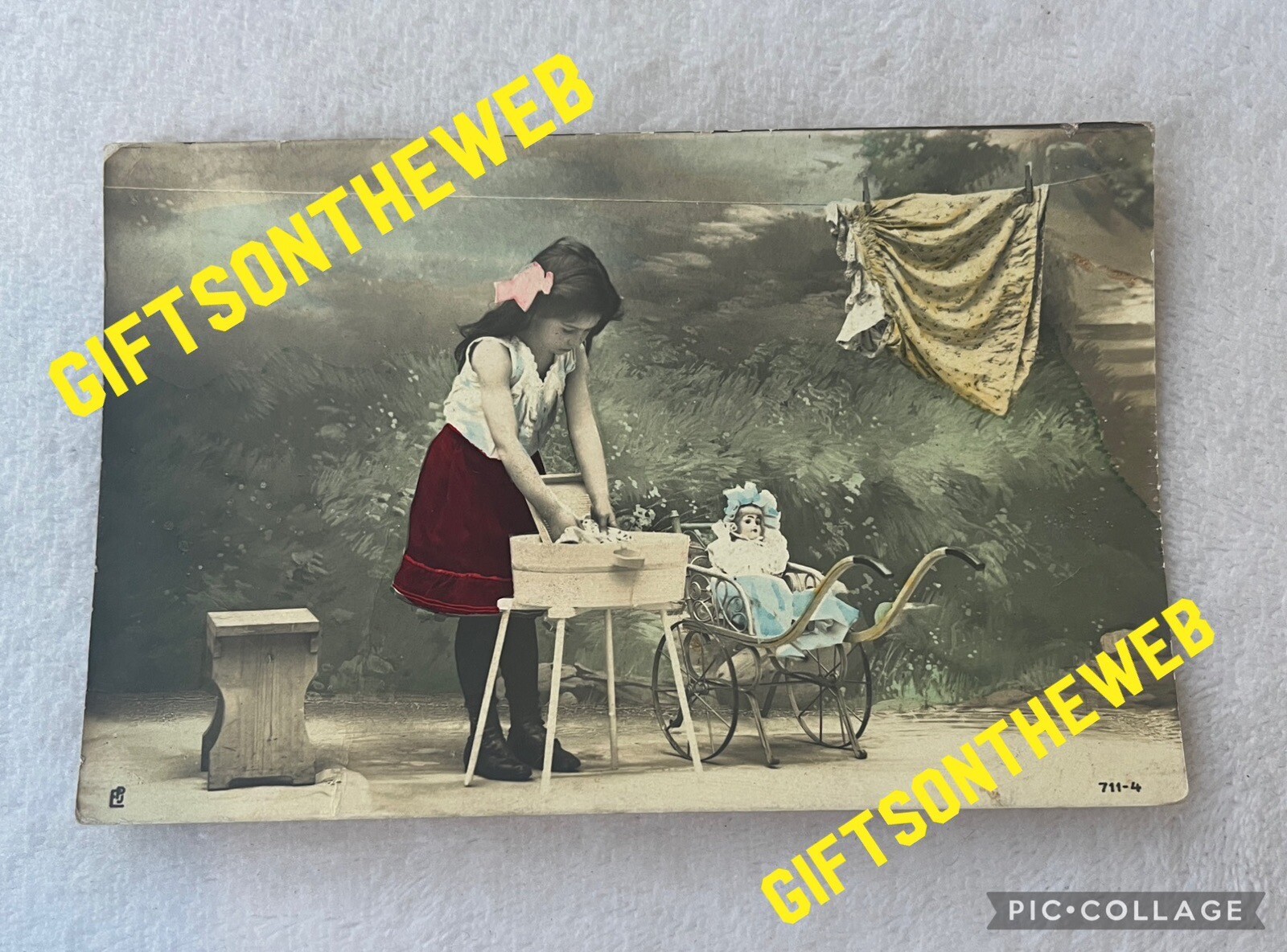 Antique RPPC Photo Postcard Photograph Girl with Bisque Doll washing Clothes