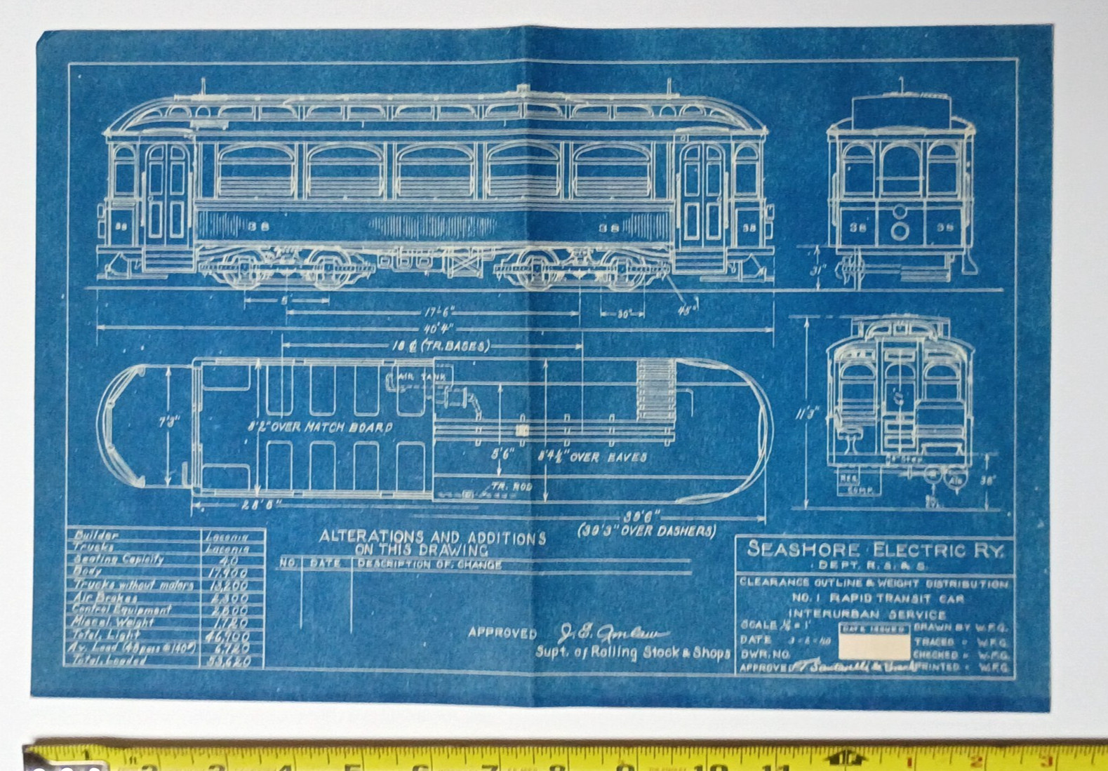 C. 1940 Laconia Co No. 1 Electric Trolley Blueprint Seashore Electric Railway ME