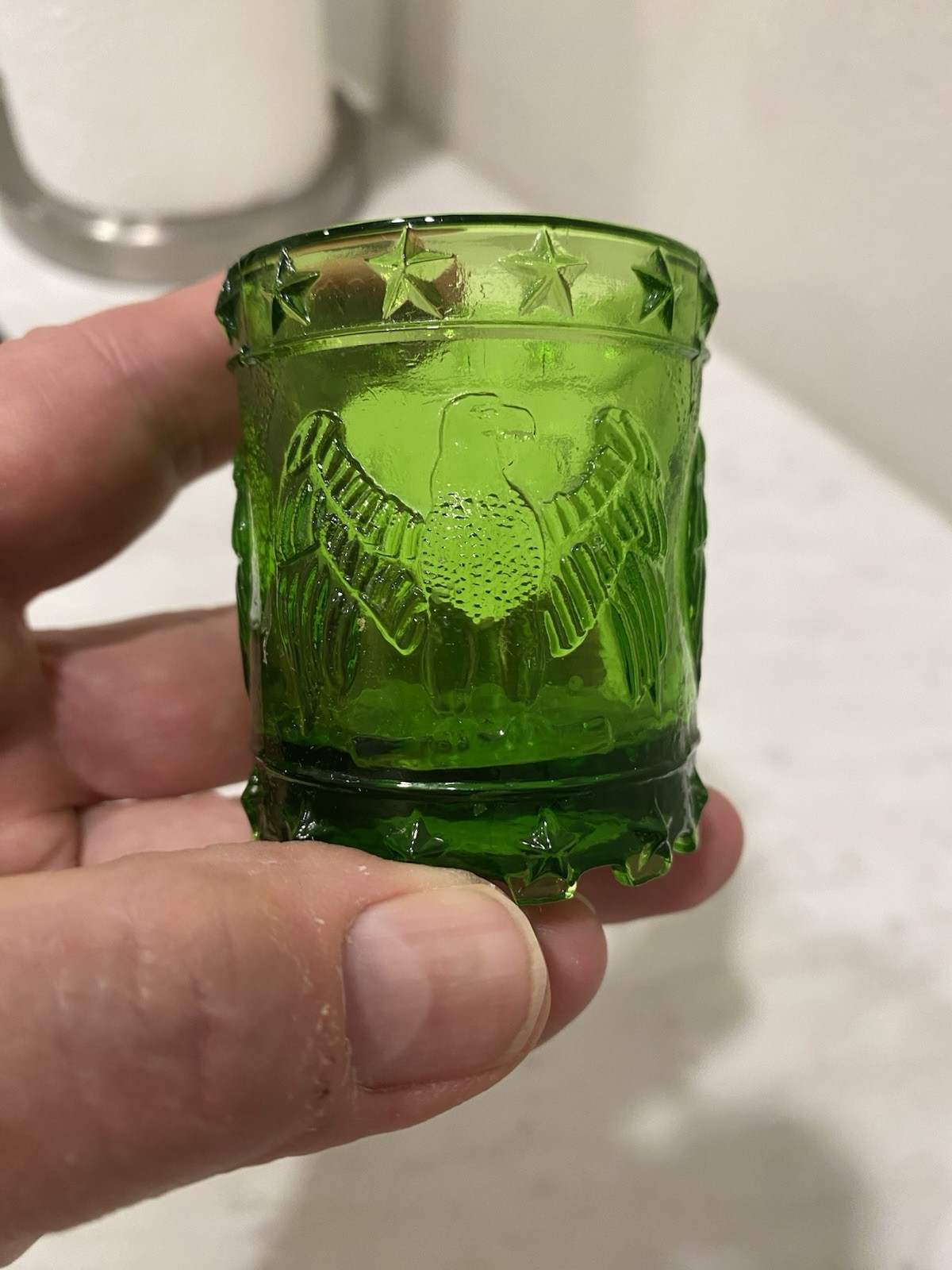 Kanawha Green Glass Drum Eagle Stars Toothpick Holder 70s Bicentennial Patriotic