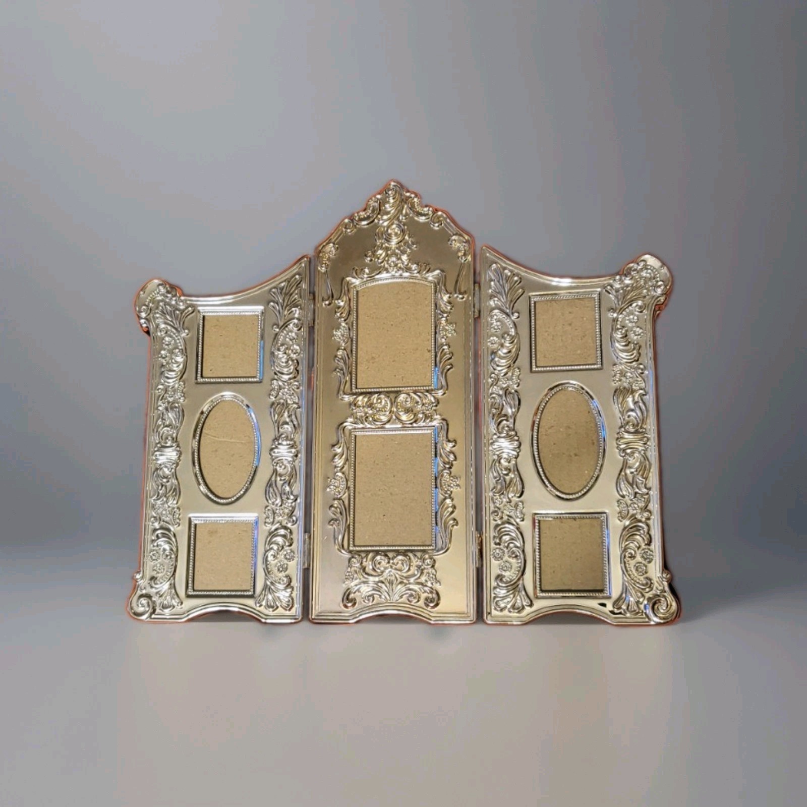 Vtg Ornate Silver Plated Art 20th Century Baroque Tri-fold Collage Photo Frame