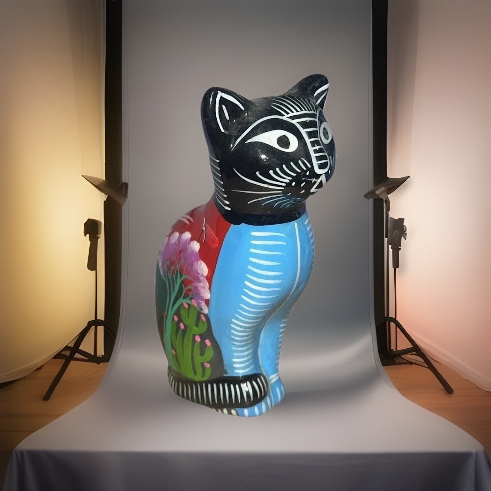 Mexican NWOT Tonalá Hand Painted Clay Folk Art Pottery Cat Bank, Colorful, 8.5”T Mexican NWOT Tonalá Hand Painted Clay Folk Art Pottery Cat Bank, Colorful, 8.5”T