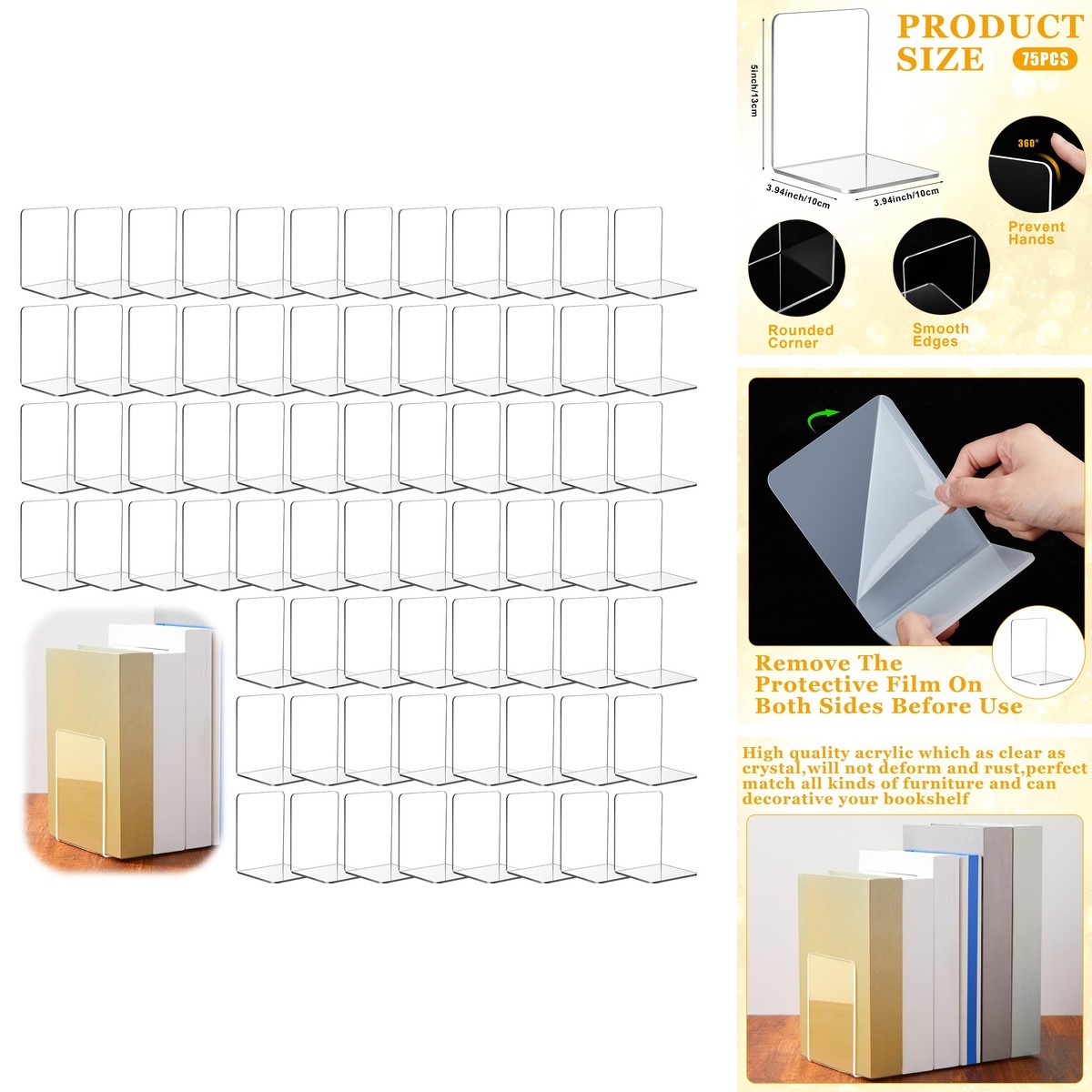 Maitys 75 Pcs Plastic Book Ends Bulk Clear Acrylic Shelves Decorative Book