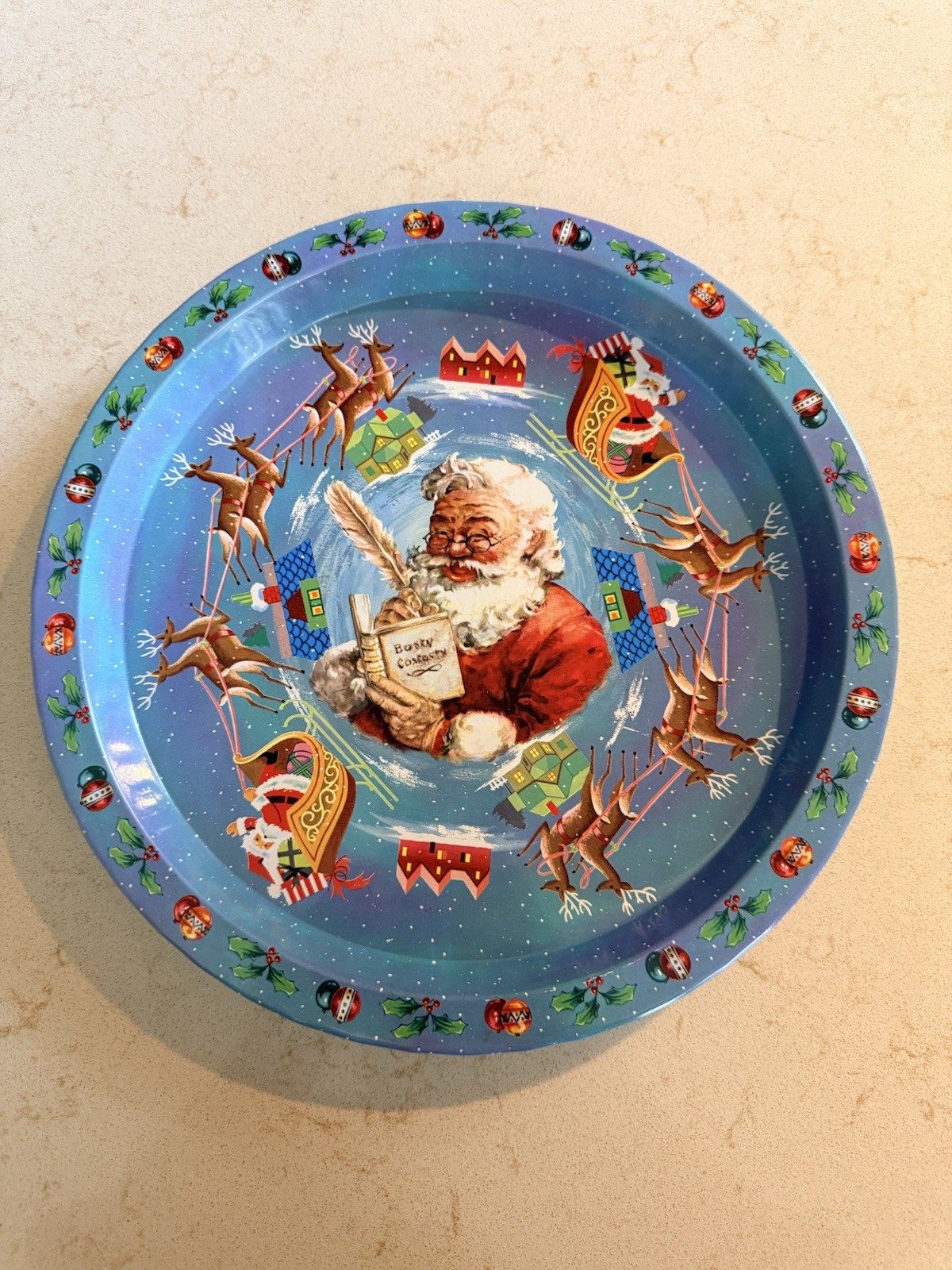 Vintage Santa Claus Christmas Tin Litho Tray Daher England Round Darling