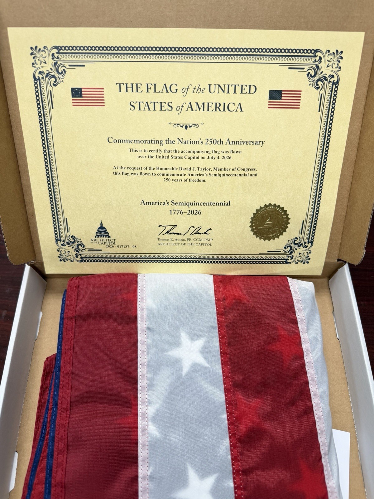 America 250 US Flag Nylon, Flown over the US Capitol on 7/4/26 w/ Certificate America 250 US Flag Nylon, Flown over the US Capitol on 7/4/26 w/ Certificate