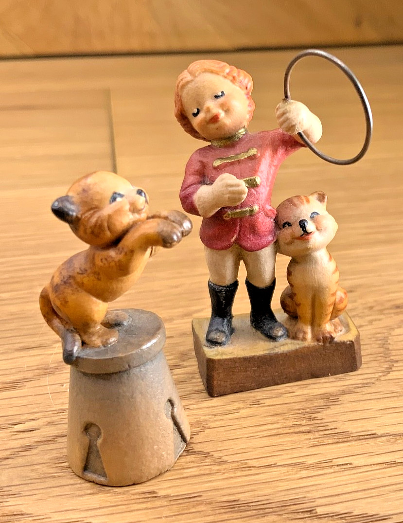 ANRI Juan Ferrandiz Lion Tamer Kitten Cat Set Hand Carved Wood Figurine Italy ANRI Juan Ferrandiz Lion Tamer Kitten Cat Set Hand Carved Wood Figurine Italy