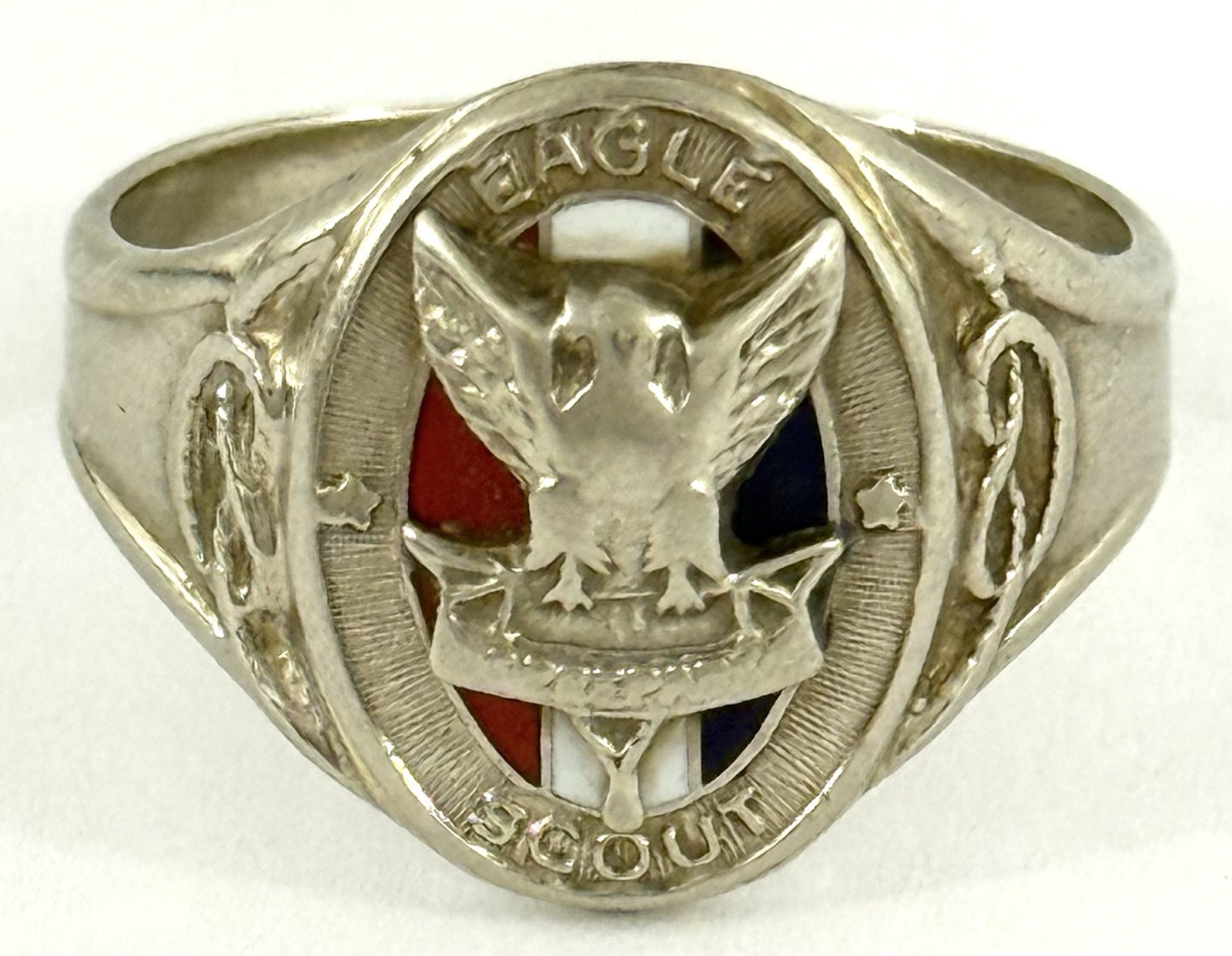 Rare 1930’s Boy Scouts BSA 10K White Gold Enamel Eagle Scout Ring Size 8.75