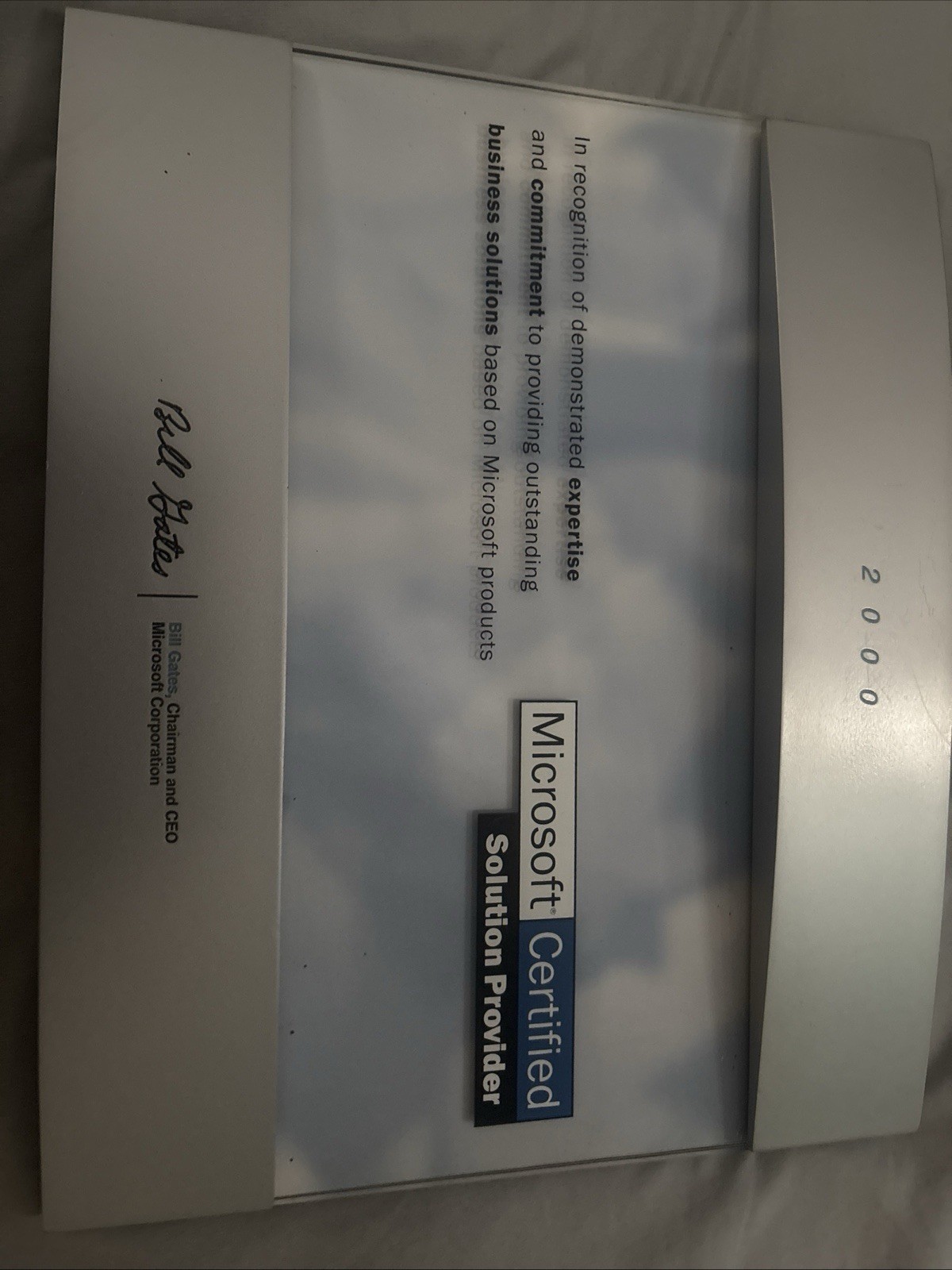 2000 Bill Gates Signed Microsoft Certified Solution Provider Wall PLAQUE Award 2000 Bill Gates Signed Microsoft Certified Solution Provider Wall PLAQUE Award