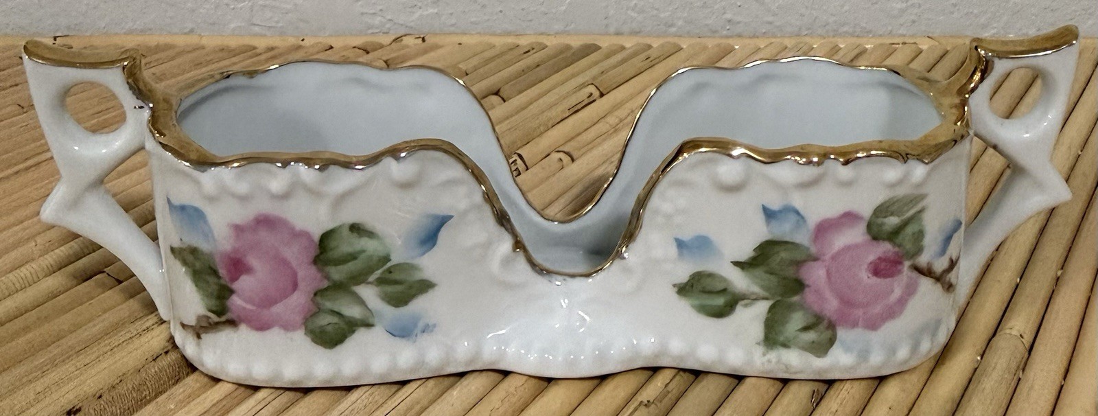 Vintage Hand Painted Porcelain Double Spoon Rest Signed M Weismiller Gold Trim Vintage Hand Painted Porcelain Double Spoon Rest Signed M Weismiller Gold Trim