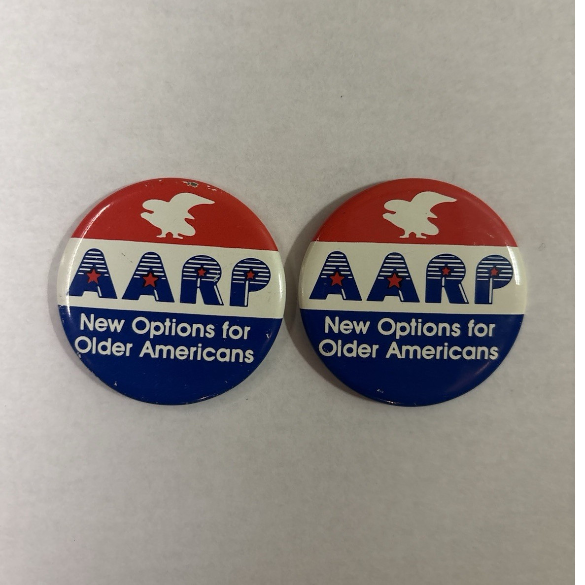Vintage Collectibles - AARP Pin back Buttons Set of 2 Red White Blue Vintage Collectibles - AARP Pin back Buttons Set of 2 Red White Blue