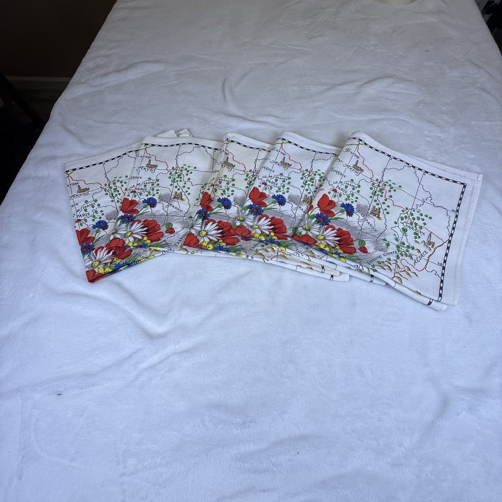 Vintage Vony France Tea Towels Set of 5 Floral Map Kitchen Linens MCM Decor Vintage Vony France Tea Towels Set of 5 Floral Map Kitchen Linens MCM Decor