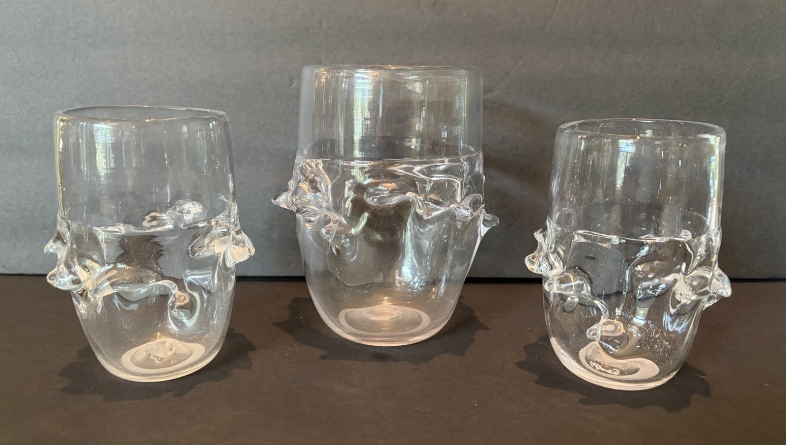 3 FREDERICK WARREN Hand Blown Clear Art Glass Knobby Tumblers Signed