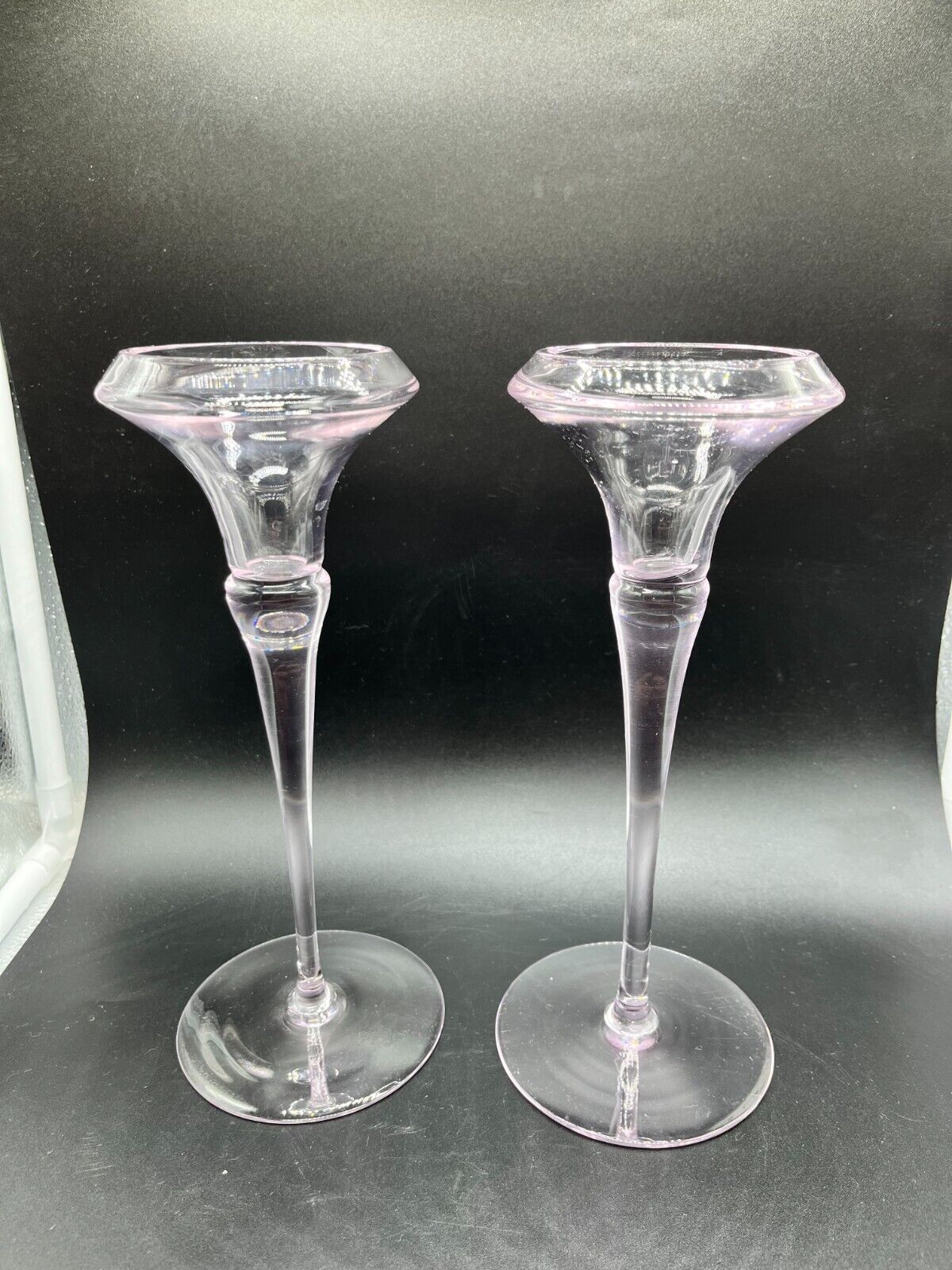 Vintage Oneida Lead Crystal Minx Clear Light Pink Candlesticks Holder Tall Glass