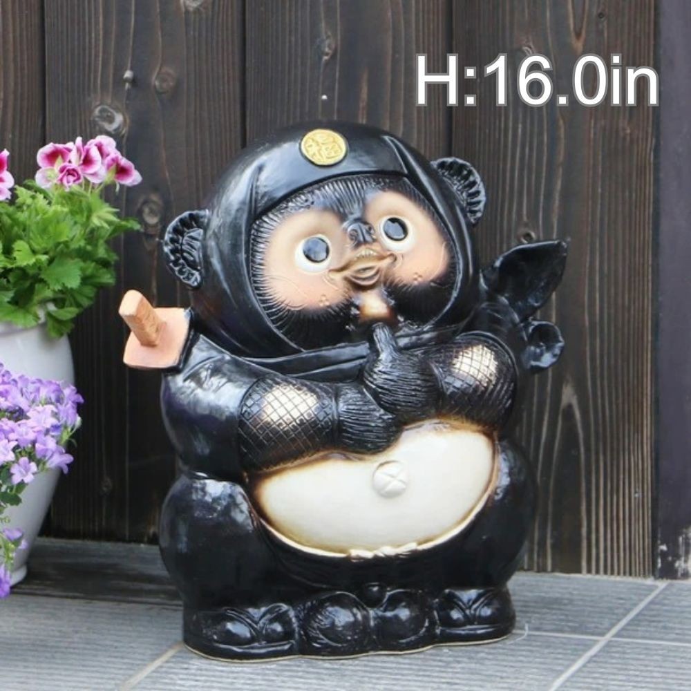 Shigaraki Ware Black Ninja Tanuki Raccoon Dog Statue Pottery Lucky Charm NEW