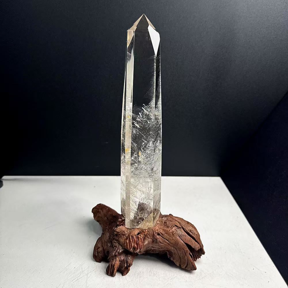 1.94LB Natural White Quartz Obelisk Energy Crystal Point Wand Reiki Decor+Stand